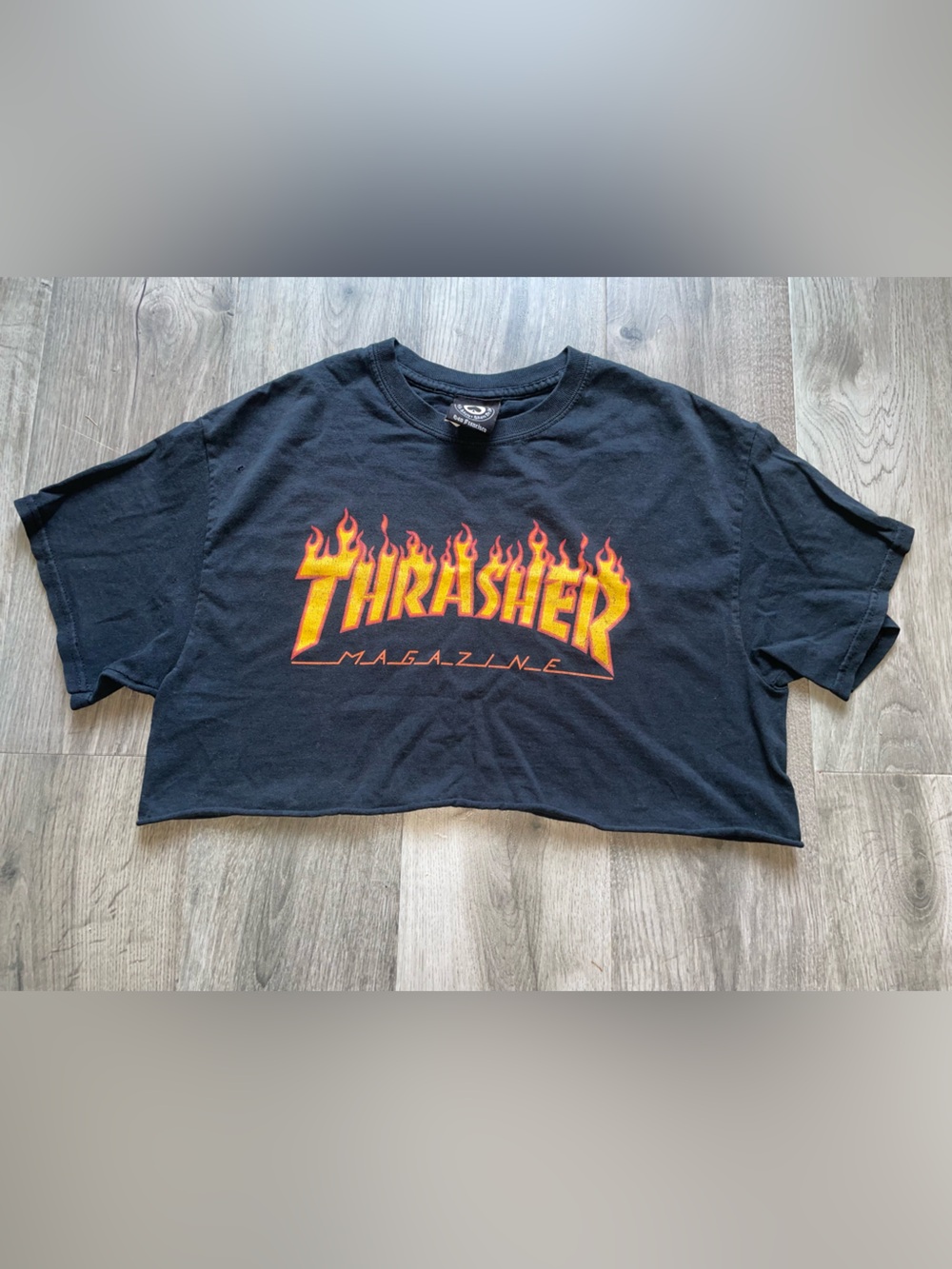 Thrasher Black Cropped Tee with Yellow-Orange Flame Logo